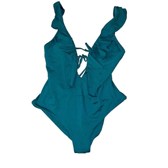 Becca Virtue L Green Blue Teal One Piece Swim Bathing Ruffle Socialite Plunge - Picture 2 of 7